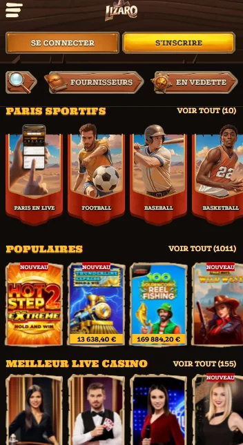 Page d'accueil mobile casino Lizaro paris et jeux